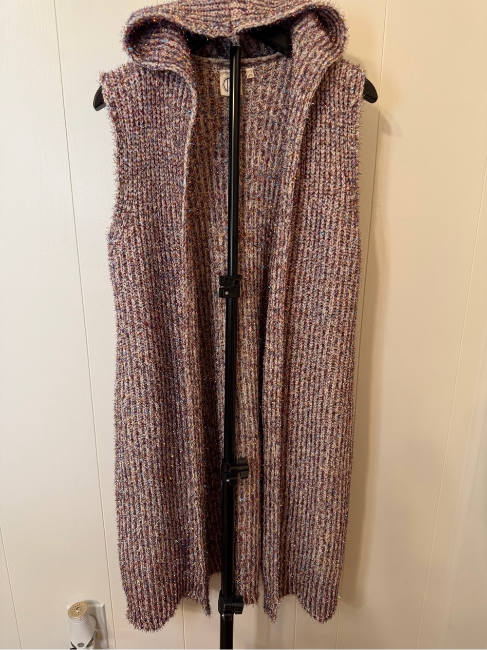 Sleeveless Hooded Open-Front Knit Long Cardigan - Eyelash Sparkle